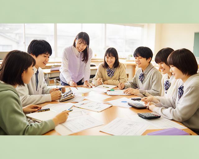 敦賀の明るい教室で学生が家計簿ワークショップに取り組む様子